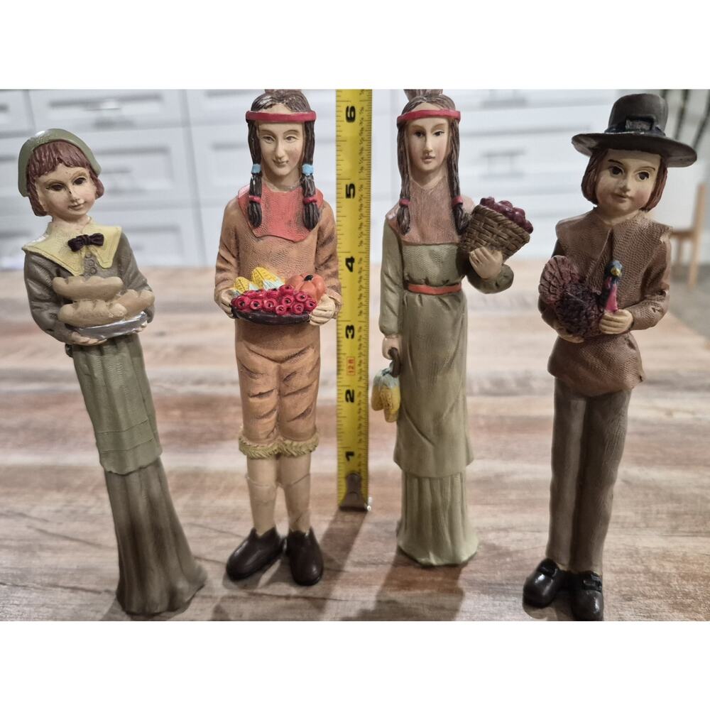 4 Mini Statues of Thanksgiving Pilgrims and Native American Indians Figurines 5" - Picture 2 of 2